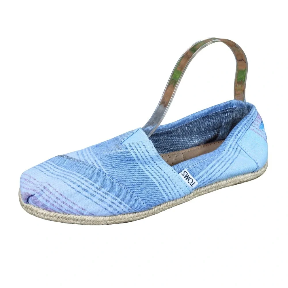 TOMS Alpargata Women Slip On Flat Size 8.5 Everyday Walking Blue Striped Canvas