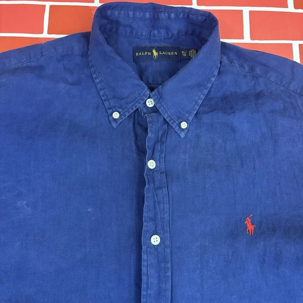 Ralph Lauren Linen Shirt Mens XL Blue Short Sleeve Button-Down Casual Pony Logo