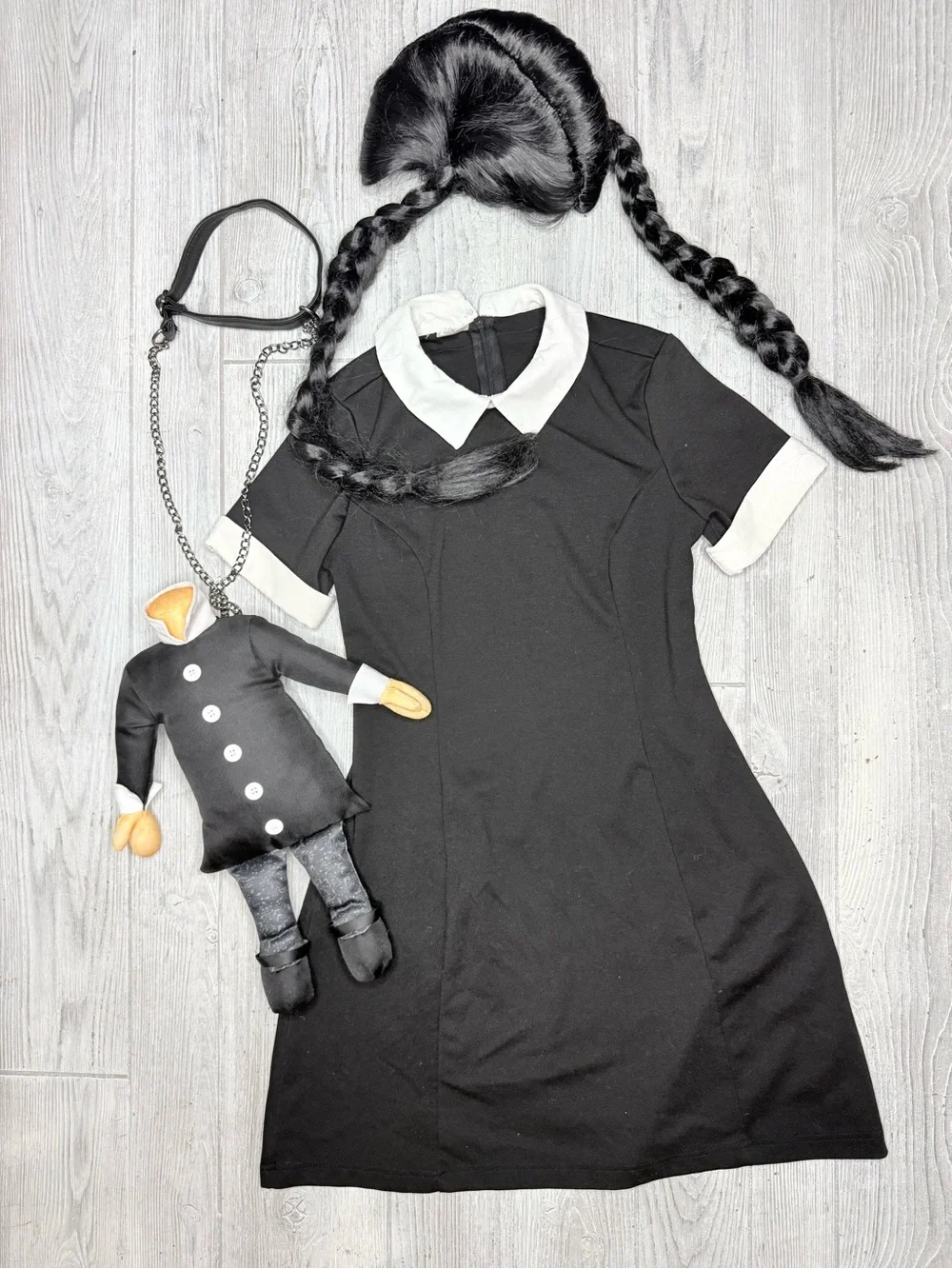 Spirit Halloween Wednesday Addams Halloween costume wig dress and purse s cosply