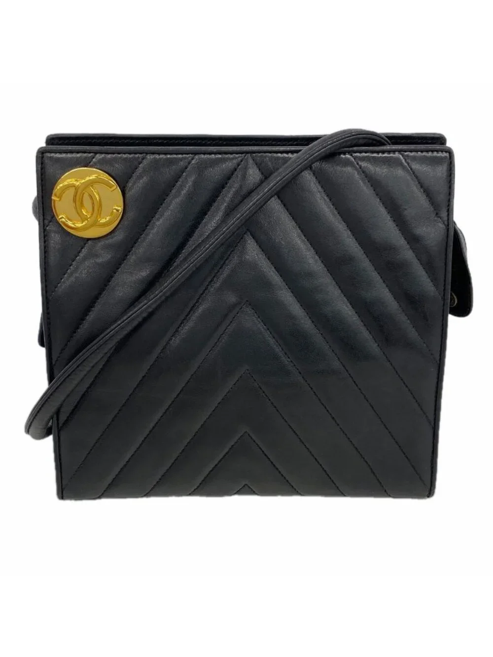 Chanel Shoulder Bag Stitch Lambskin Black Gold