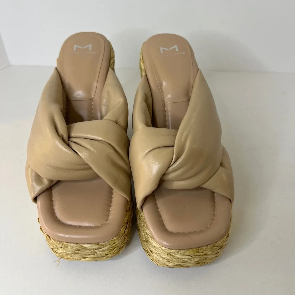 Marc Fisher LTD Navina‎ Leather Platform Wedge Espadrille Sandals Puffy Knot 7.5