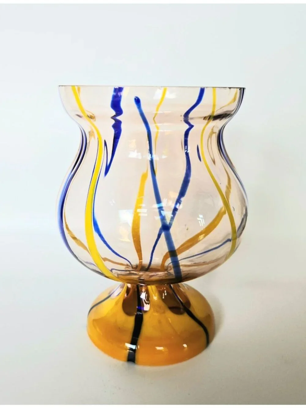Handblown Kralik Multicolor Glass Vase With Yellow & Blue Swirl Design 6 Inches
