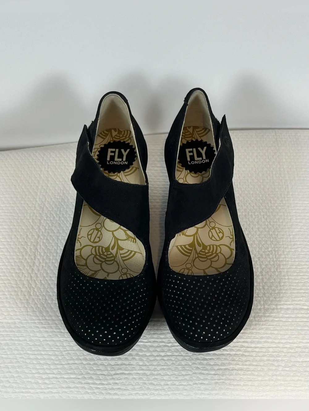 Fly London Black Wedge Mary Jane Slingback Shoes