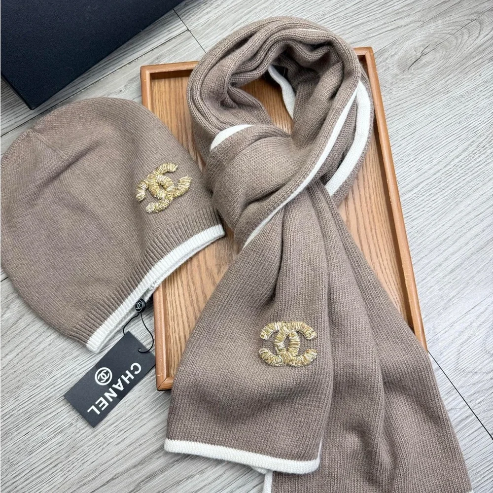 Chanel Taupe Knit Scarf and Beanie Set with White Trim