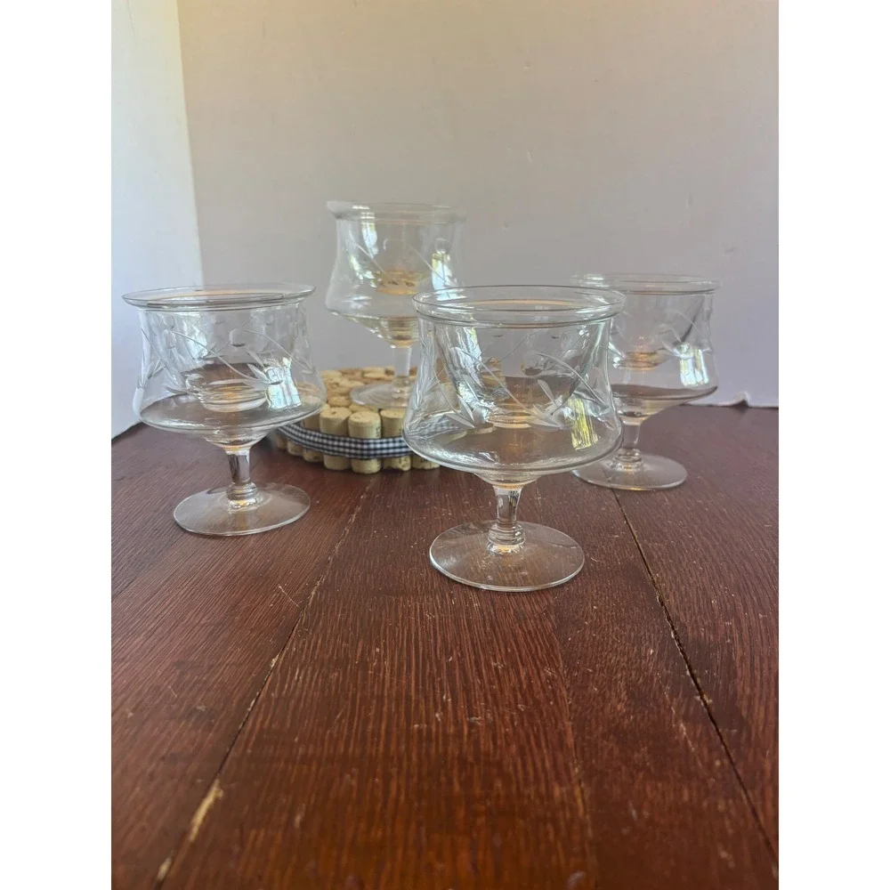 Vintage‎ Etched Glass Shrimp Cocktail Servers Set of 4 Chiller Bowls with Liners