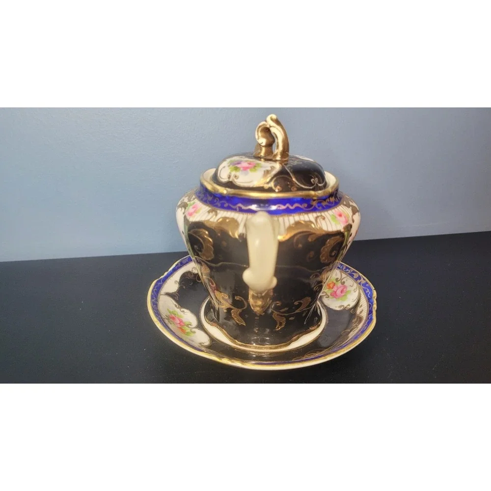 Antique Nippon Condiment Bowl Attached Underplate Hand Painted & Gilded No Spoon
