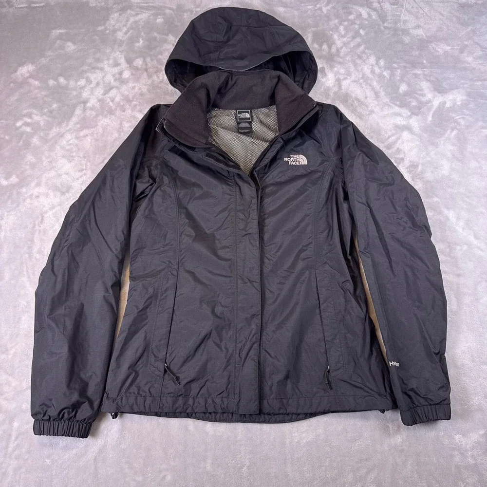 The North Face HyVent Rain Jacket Black Hooded Windbreaker Mens Small