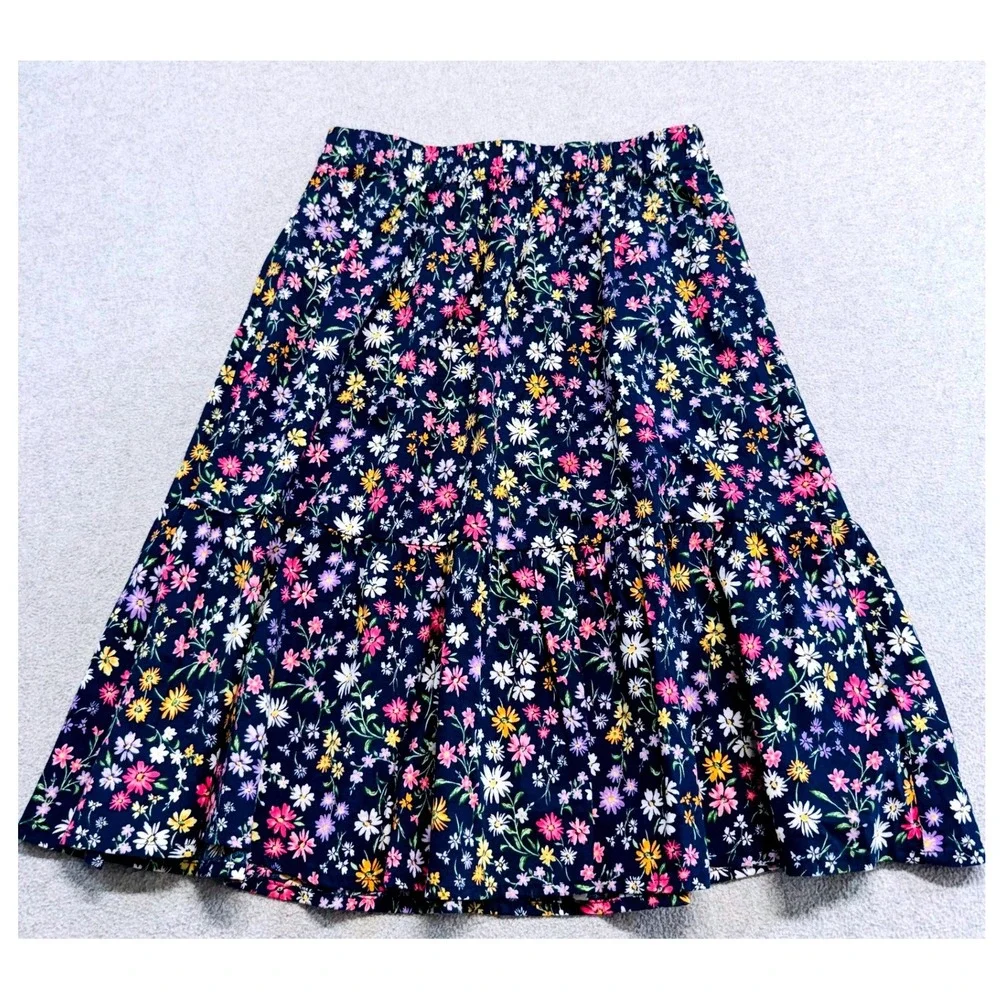 Old Navy Tiered Midi Skirt Kids Size L 10-12 Navy Blue Floral Daisy Ruffle Boho
