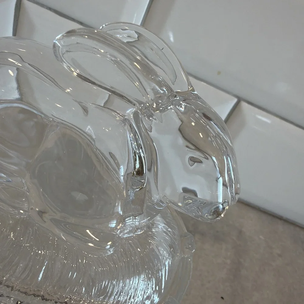 Vtg William Sonoma Bunny on Nest Rabbit Clear Glass‎ Covered Candy Dish
