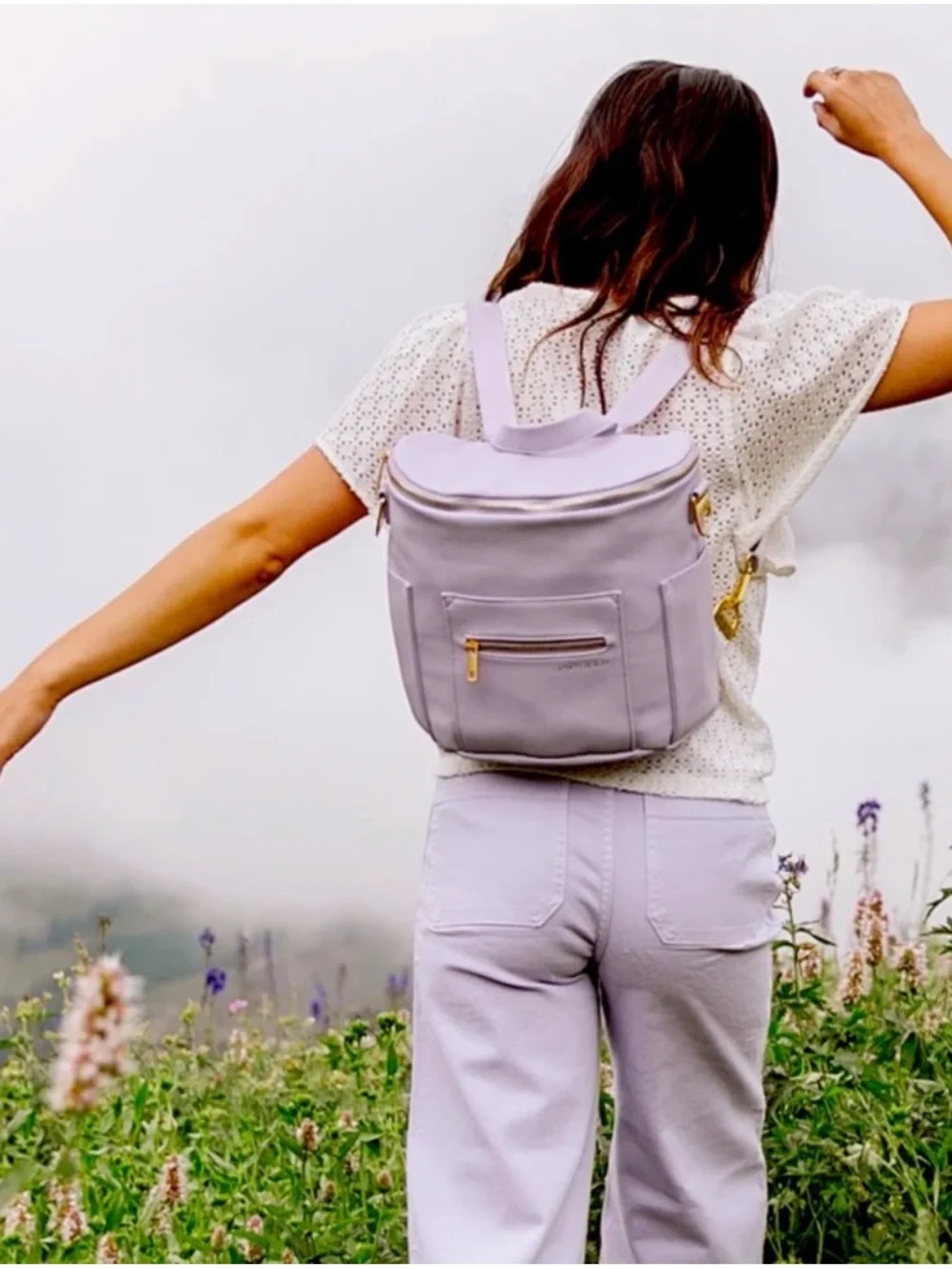 Fawn Design Lavender Leather Convertible Backpack Gold Hardware RARE flawed