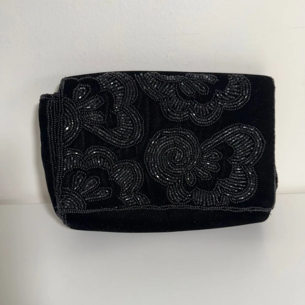 La Regale Beaded Velvet‎ Clutch Womens Small Black Evening Bag Floral Formal