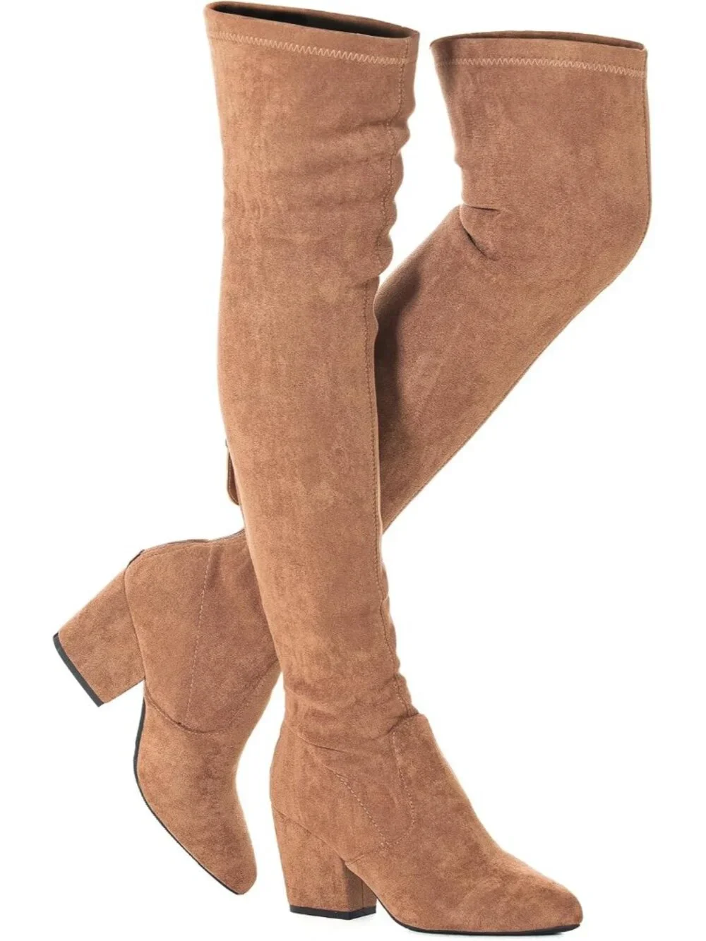 Women's Brown 3 Inches Pointed Toe Chunky Block Heel Over The Knee High Boots