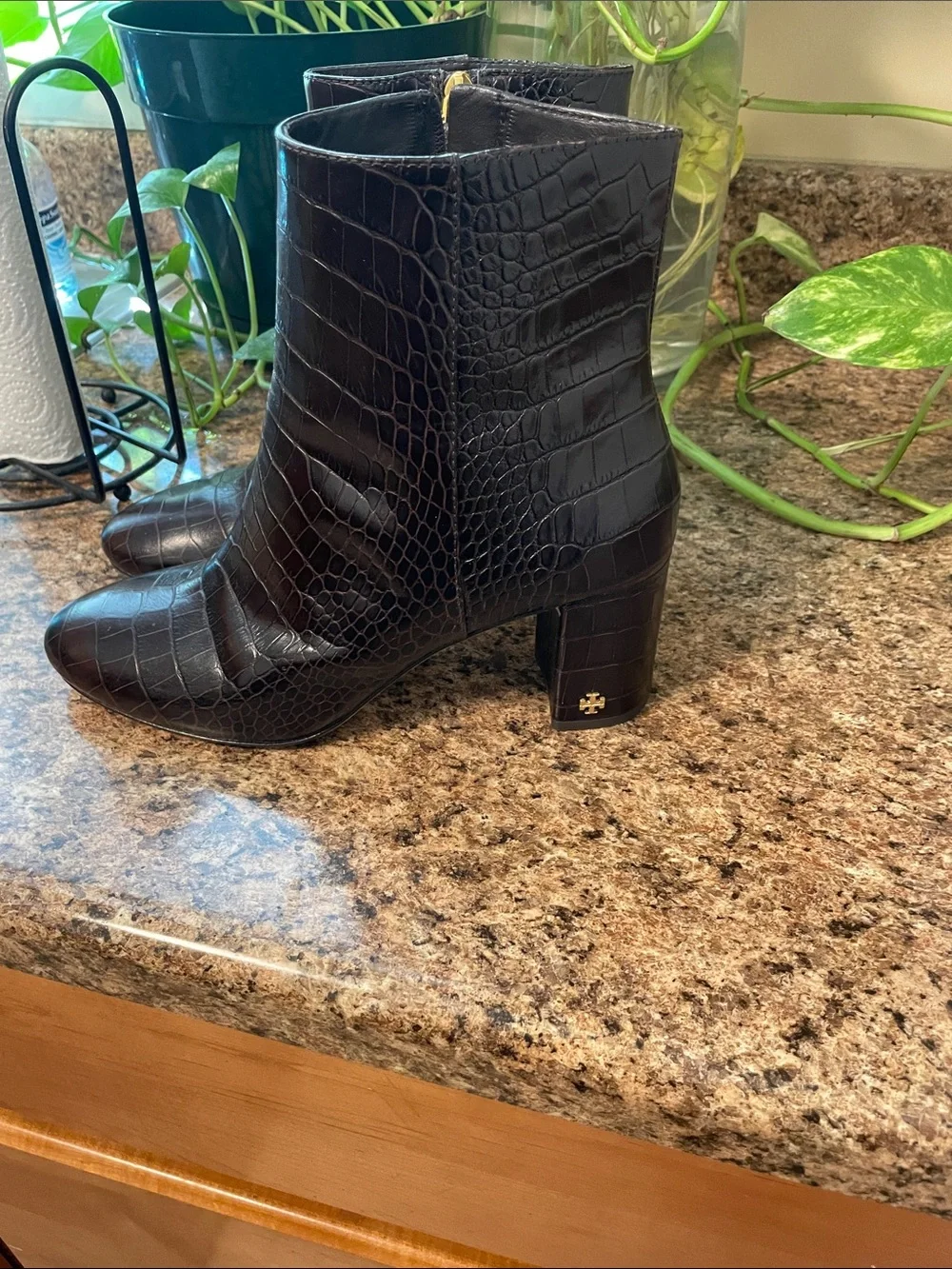Tory Burch Black Croc-Embossed Block Heel Ankle Boots