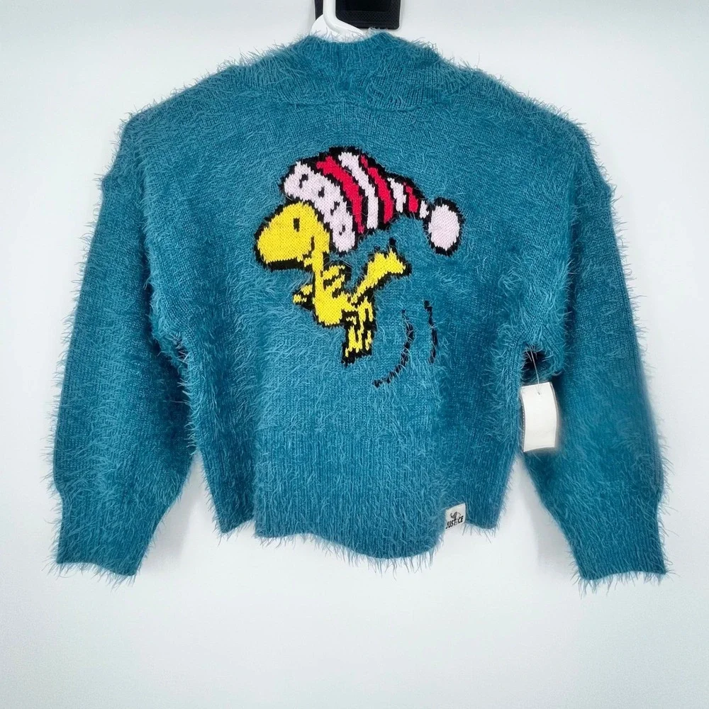 Justice Woodstock Peanuts Hoodie Sweater Girls XS 5/6 Sea Blue Fuzzy Holiday