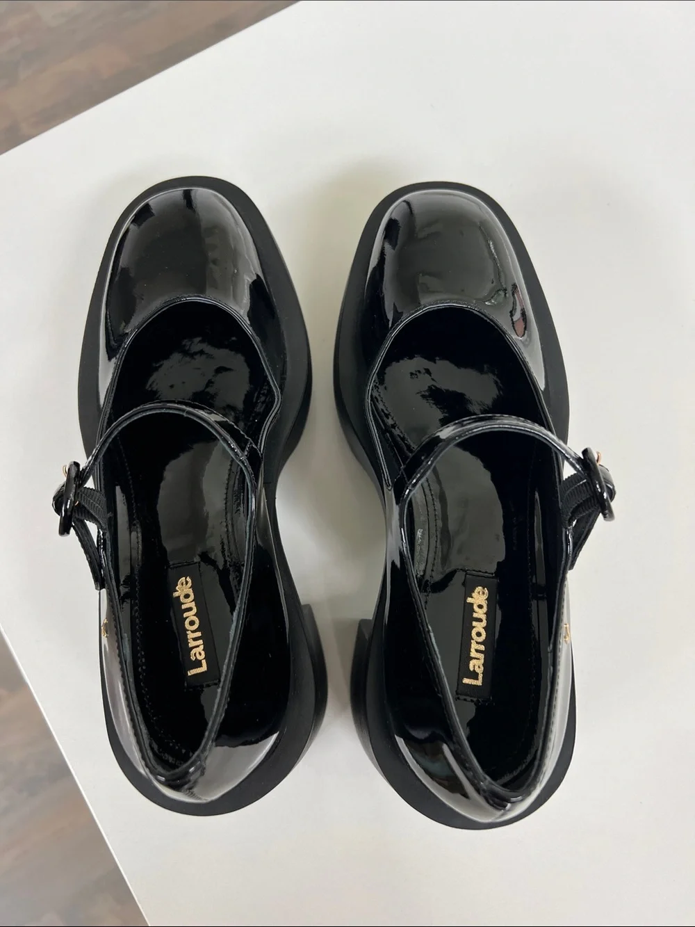 Larroude olivia black patent leather chunky platform mary jane pumps heels 8