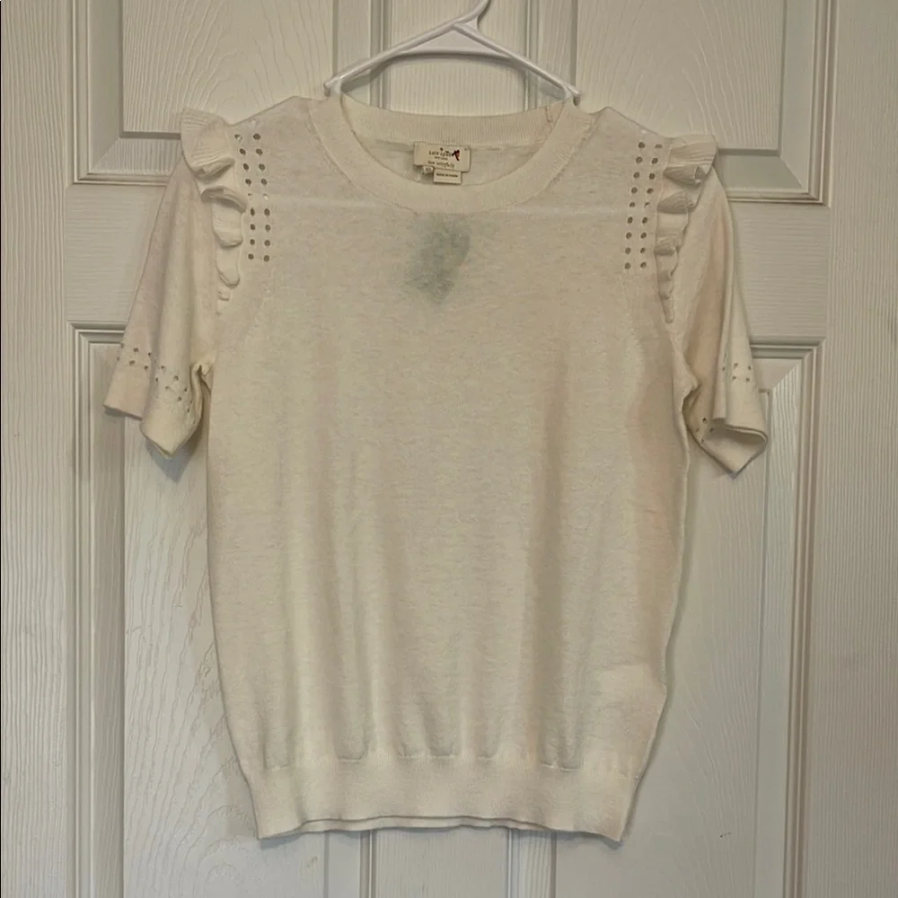 Kate Spade Pointele Cashmere Blend Ruffle Short Sleeve Sweater Top