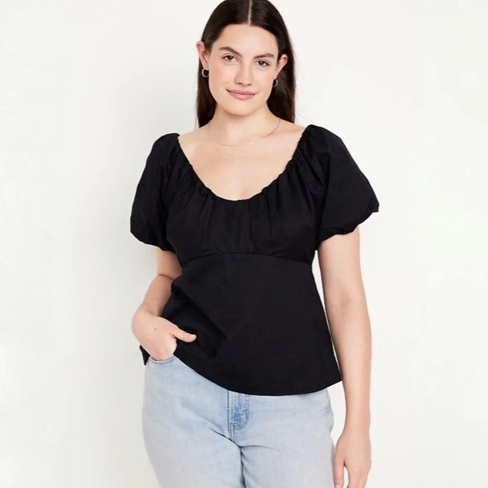 Old Navy Waist-Defined V-Neck Puff Sleeve Smocked Back Cotton Top Black Size XXL