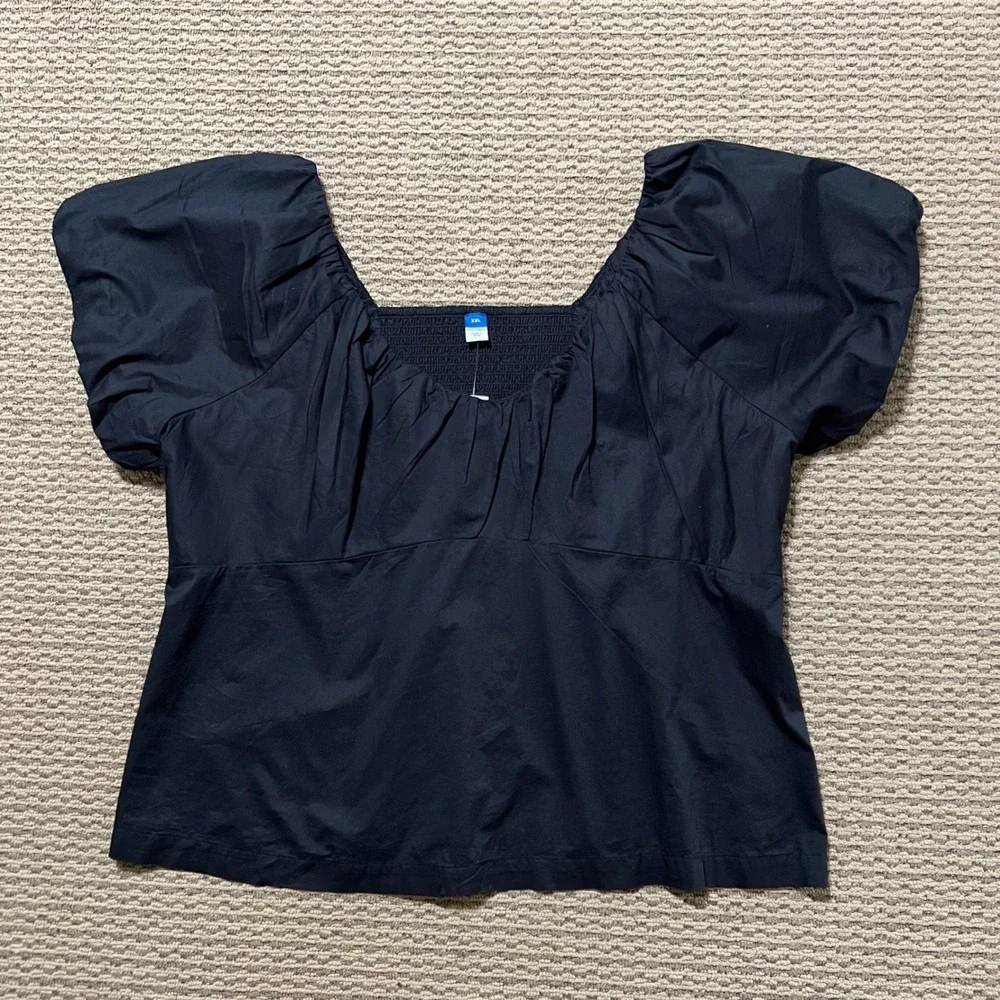Old Navy Waist-Defined V-Neck Puff Sleeve Smocked Back Cotton Top Black Size XXL