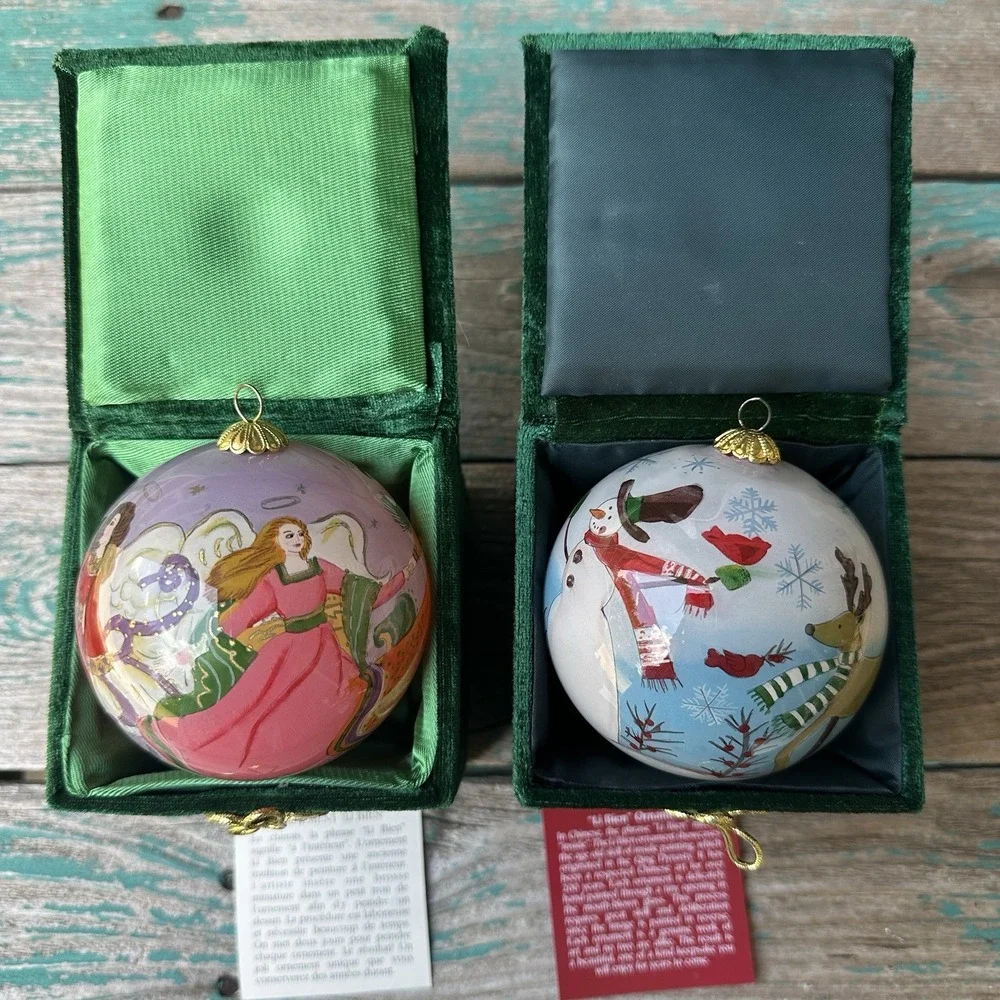 Pier 1 Li‎ Bien Glass Christmas Ornaments Santa Snowman Angels Box Set Of 2