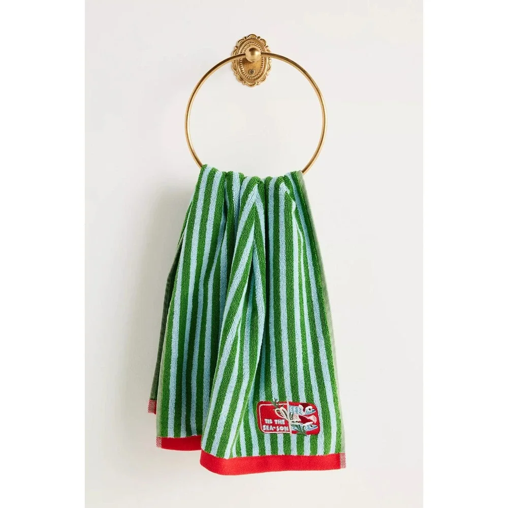 Anthropologie 'Tis The Season Green Hand Towel Holiday‎ Icon Striped 100% Cotton