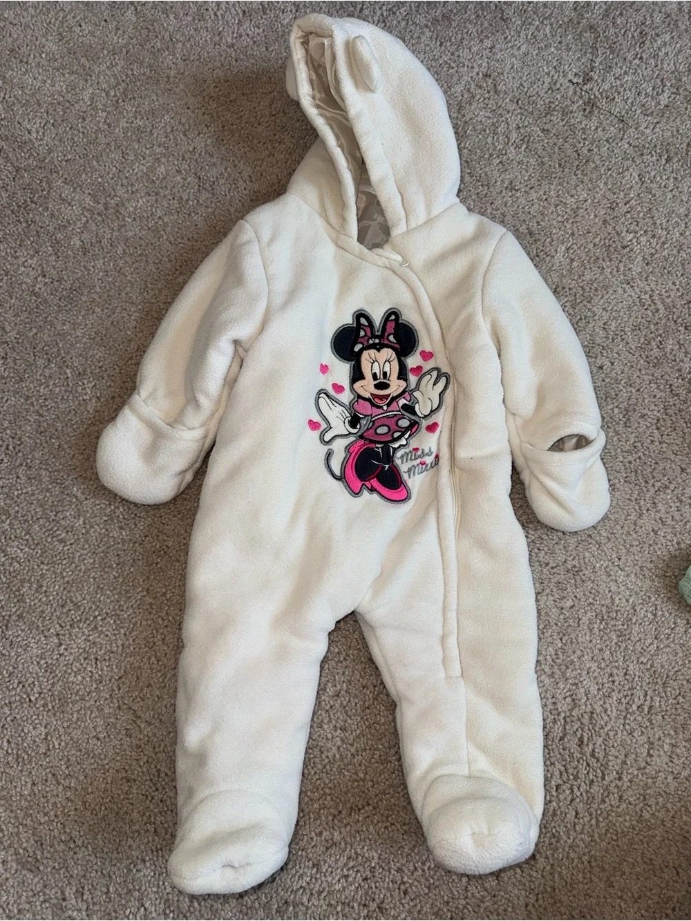 Vintage Disney Cream Fleece Minnie Mouse Hooded One-Piece with Pink Accents