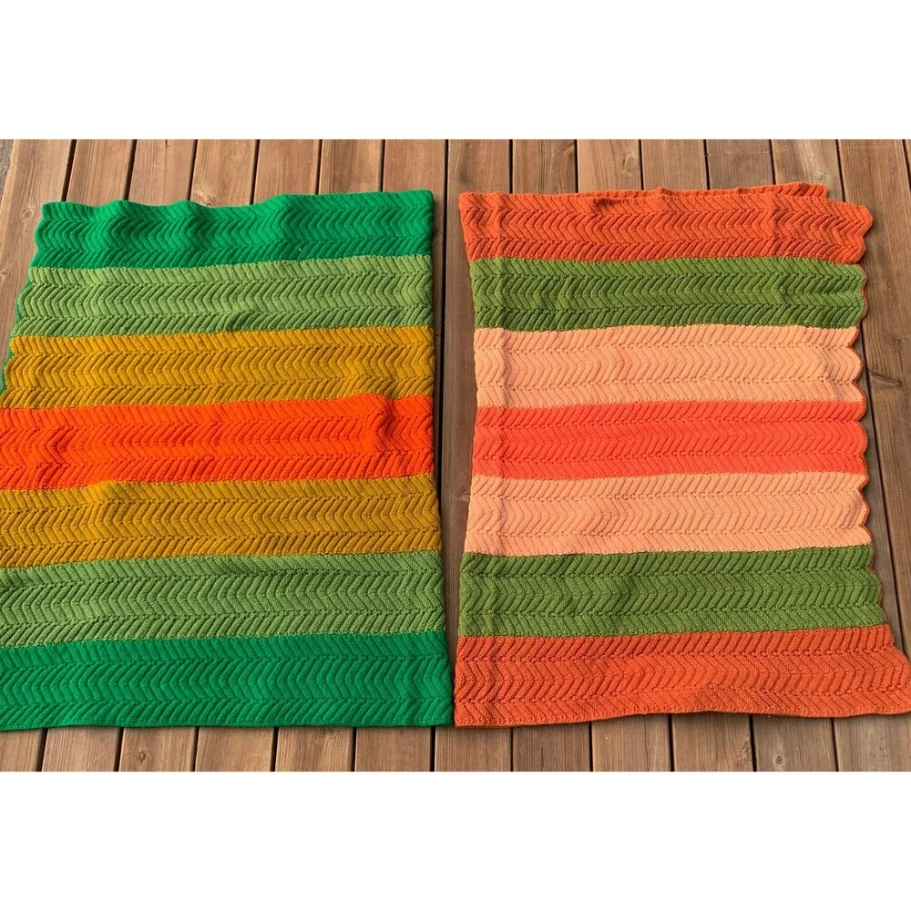 Vtg Pair 2 Multicolor Scalloped Edge Hand Crocheted Afghan Blanket Throw 46”x68”