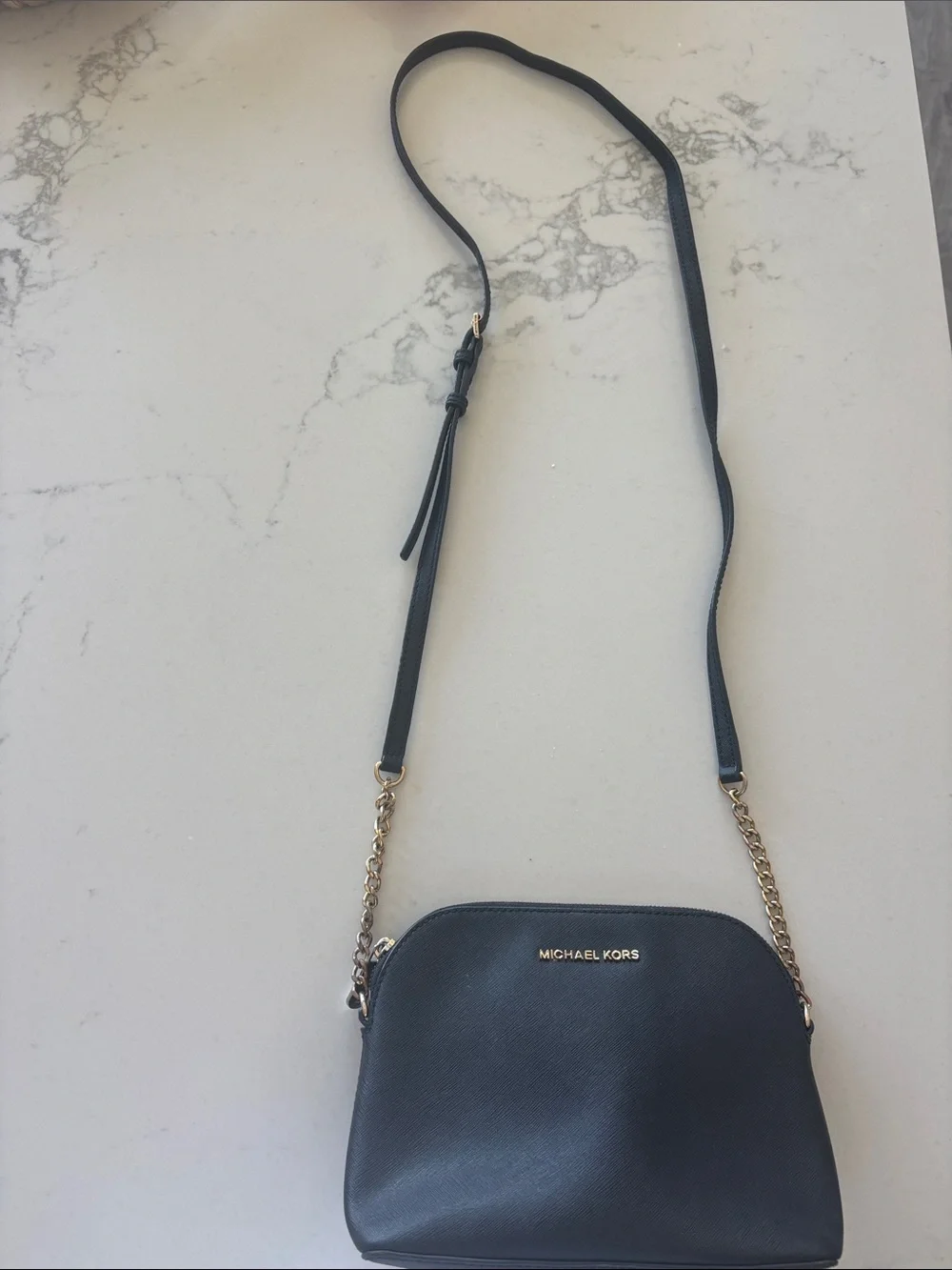 Michael Kors Black Leather Crossbody with Gold Chain Trim