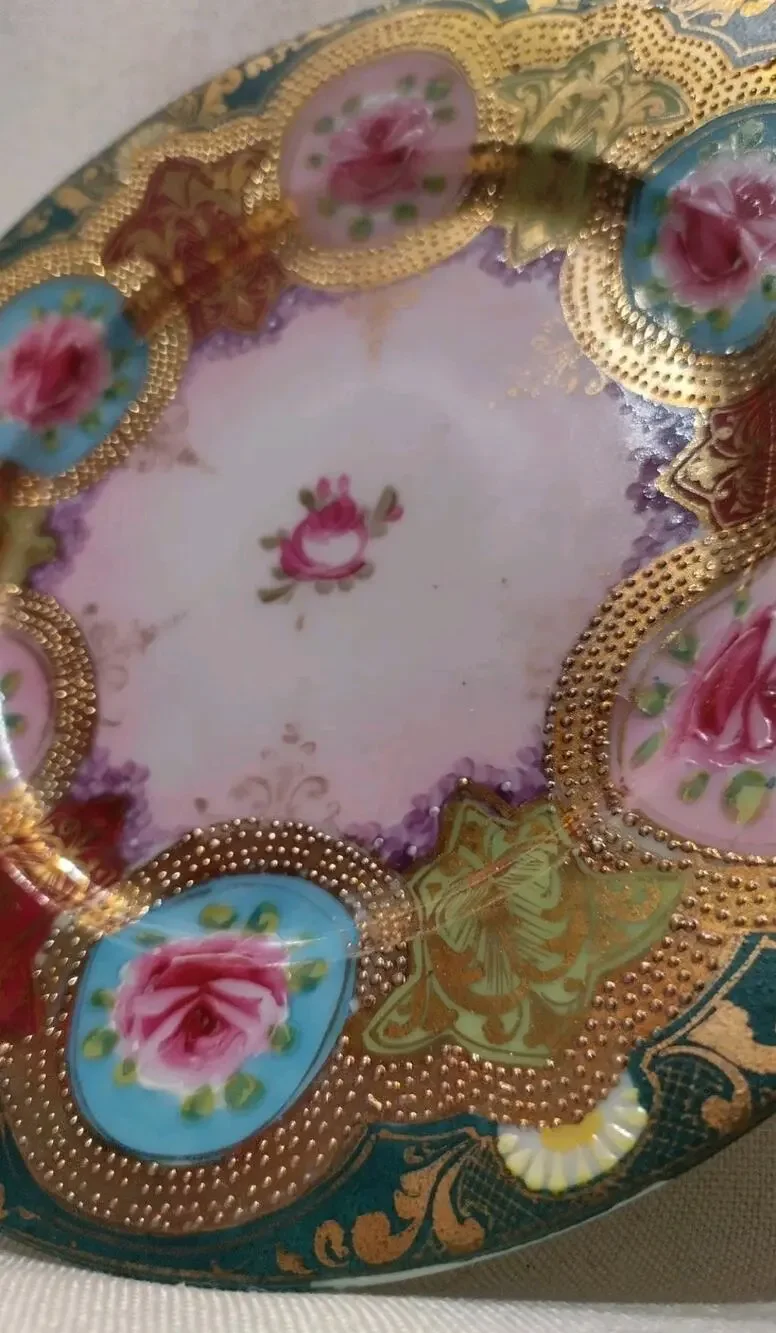 Antique Shimamura Sei Nippon Moriage 5 Plate Set Hand Painted Meiji Rose Gold 9