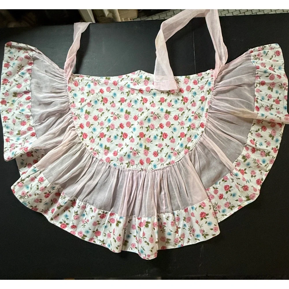 Vintage Floral Ruffle Apron Pink Sheer Full Bib Cottagecore 1950s 1960s