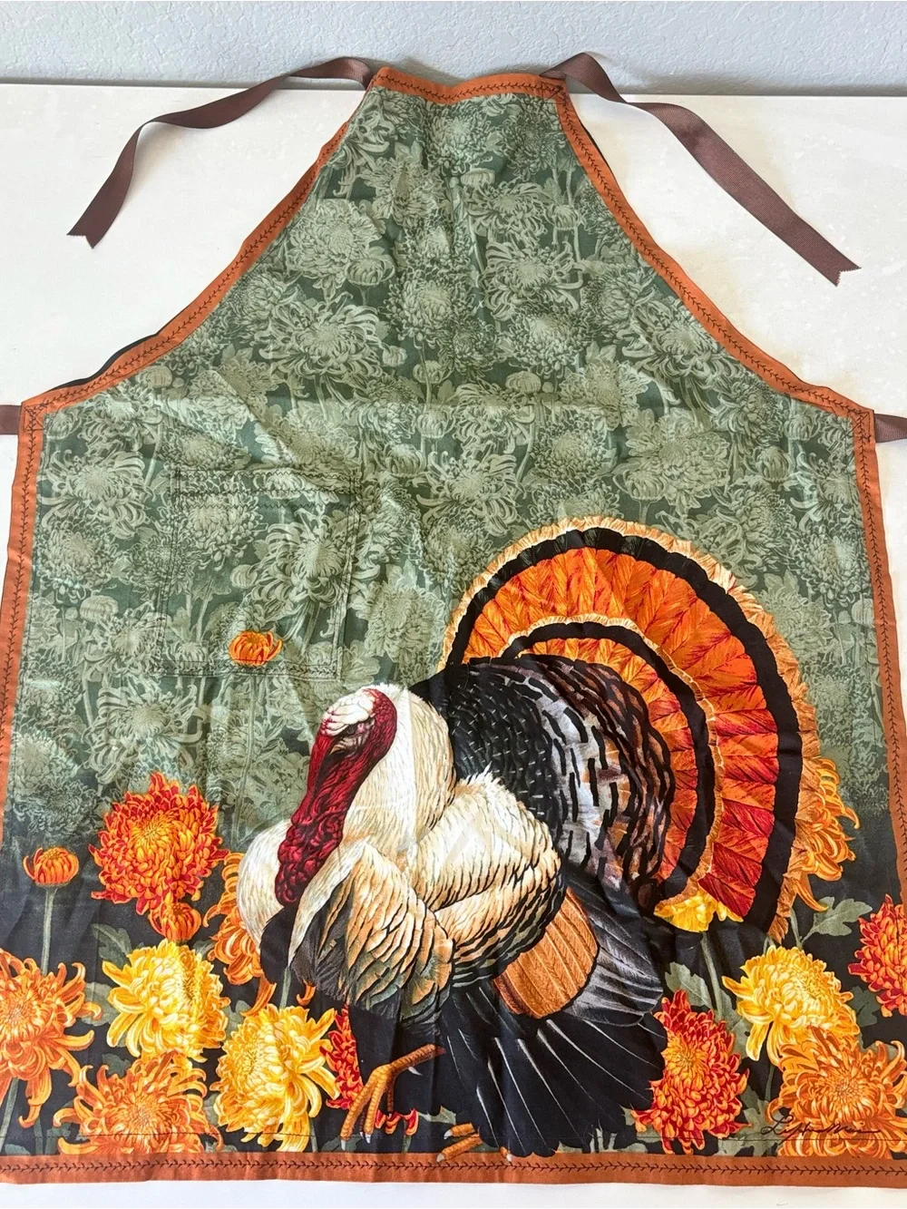 Decorative Turkey Print Kitchen Apron - Green and Orange