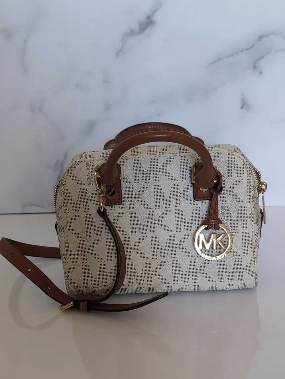 Michael Kors Cream and Brown Logo Satchel with Gold Accent