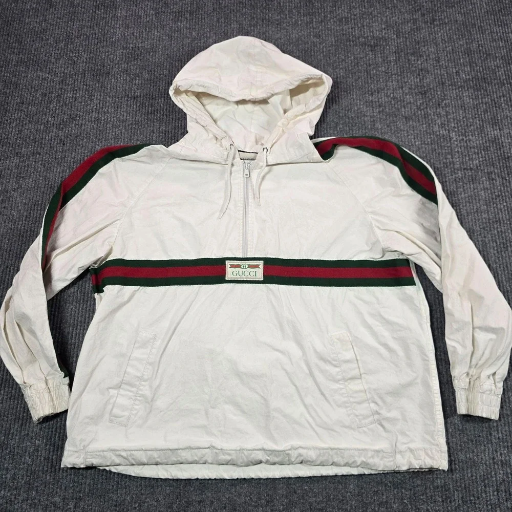 Gucci Jacket Mens IT 50 White Hooded Retro Canvas Stripe Logo Windbreaker Italy