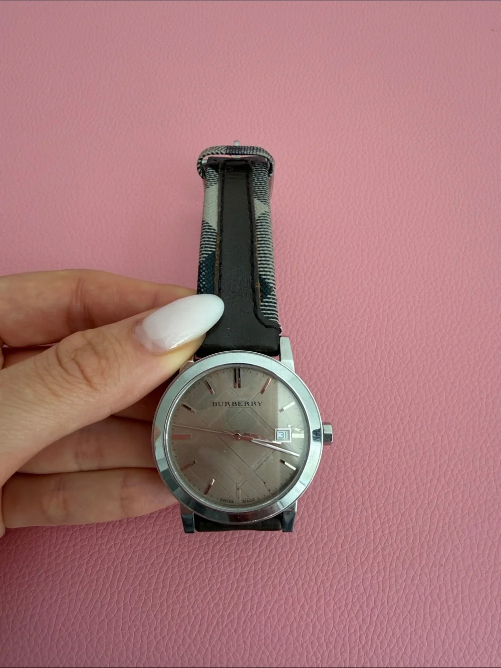 Burberry Men's Silver Dial Watch with Black & Beige Check Strap
