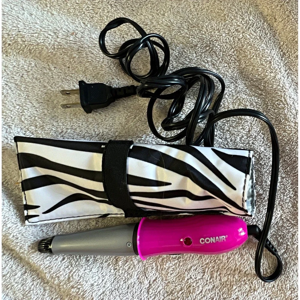 Conair Curling Iron/Wand Electric w/ Attachments, Zebra Travel Pouch Pink