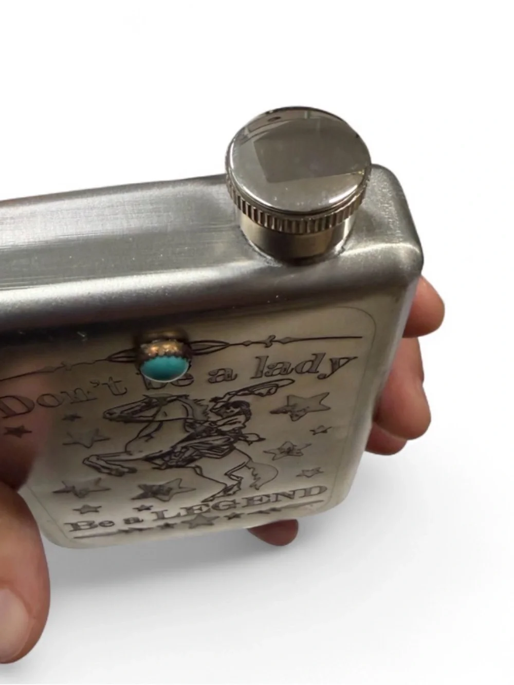 Stainless Steel 'Don't Be a Lady' Turquoise Accent Hip Flask