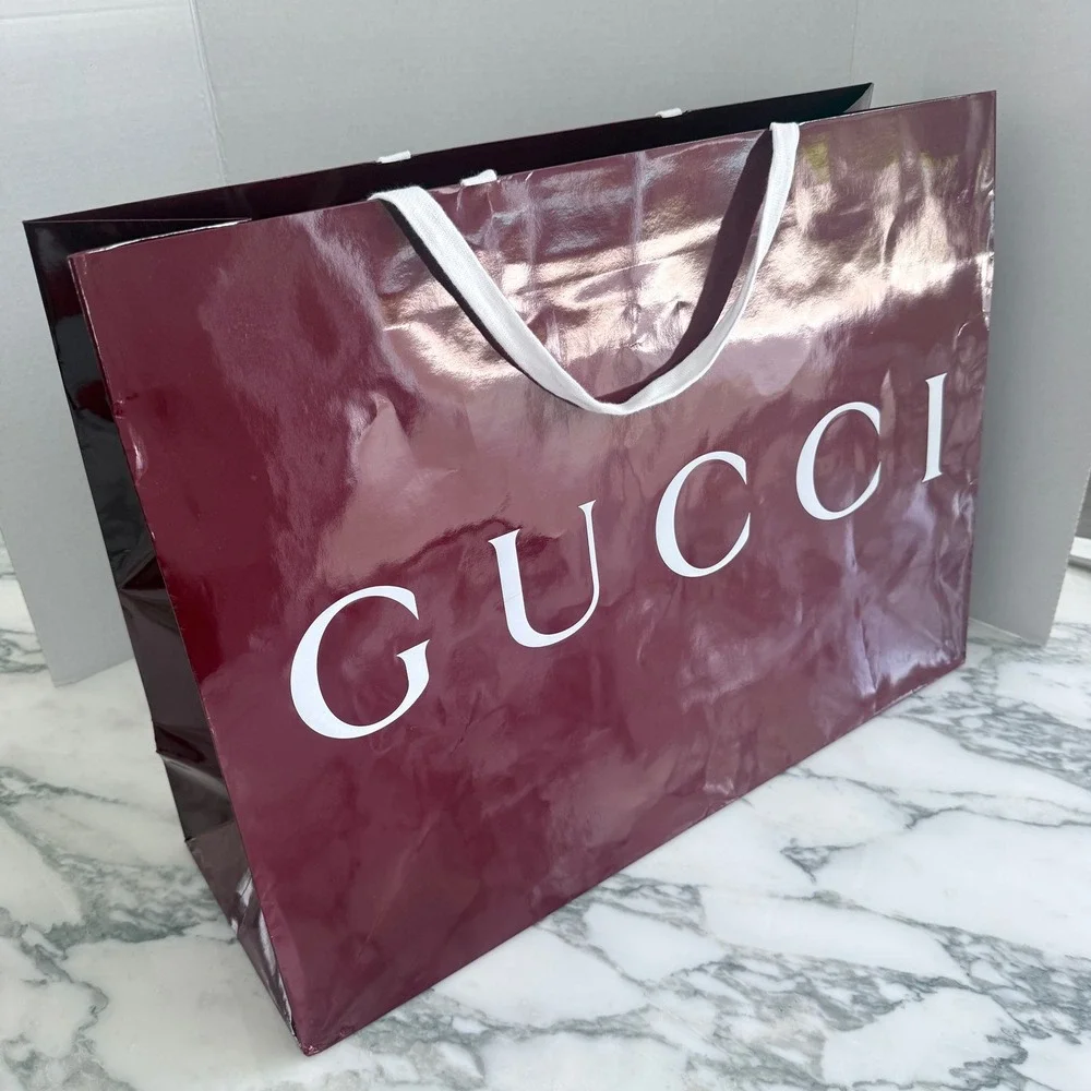 Gucci Large Glossy Burgundy Shopping Bag White Logo Rope Handles 23x17x7.5