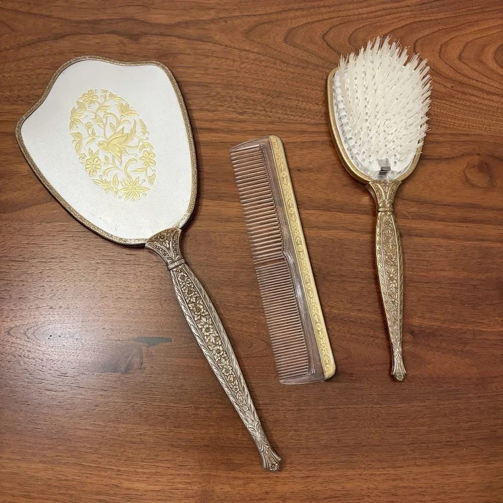 Vintage 1950s Hollywood Regency Gold Plated Mirror Brush Comb Vanity Set Bird