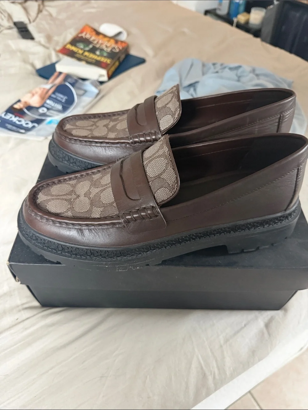 Coach Men's Dark Brown Signature Canvas Penny Loafers