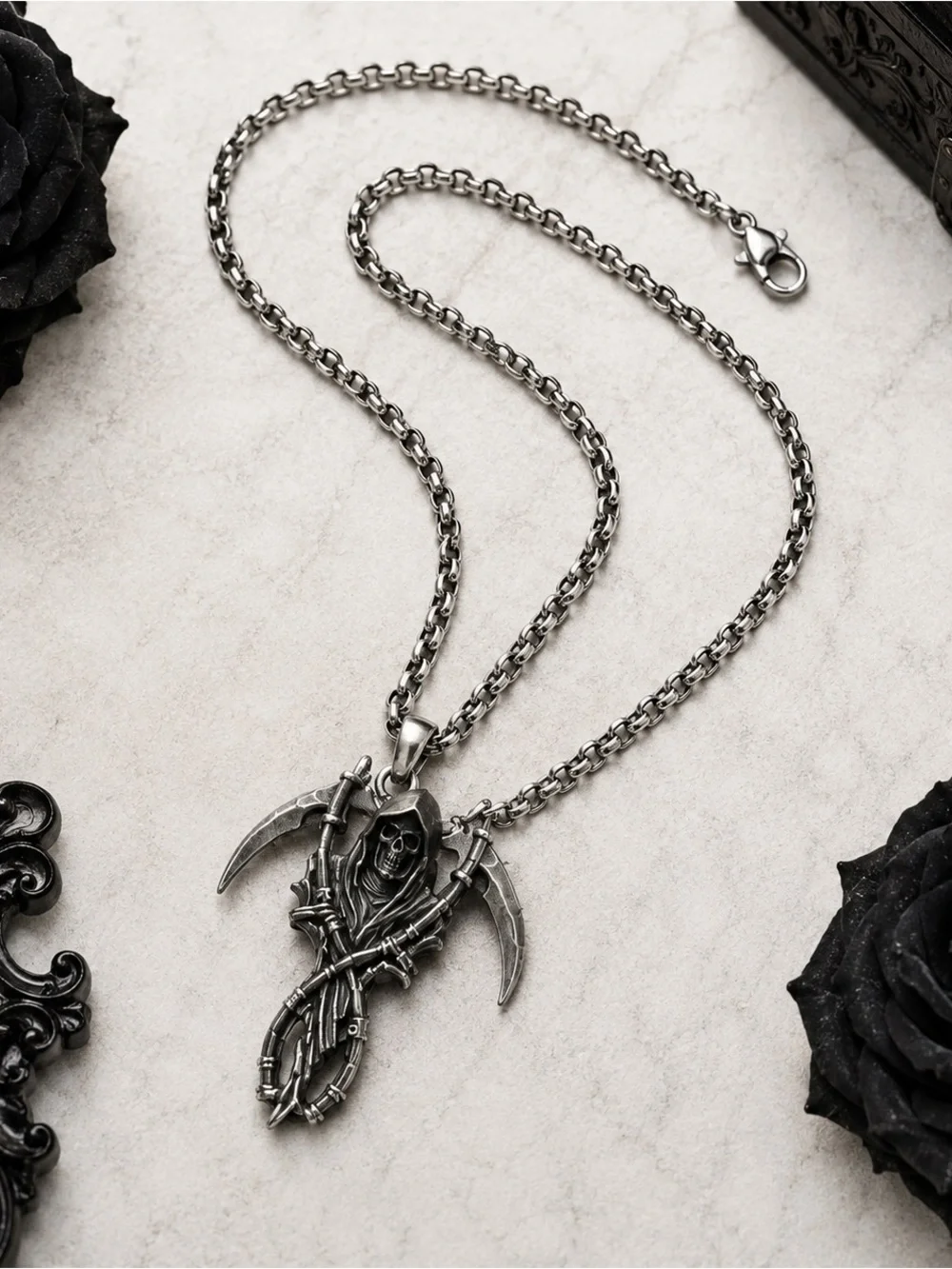 Men's Stainless Steel Grim Reaper Pendant Necklace - Black New
