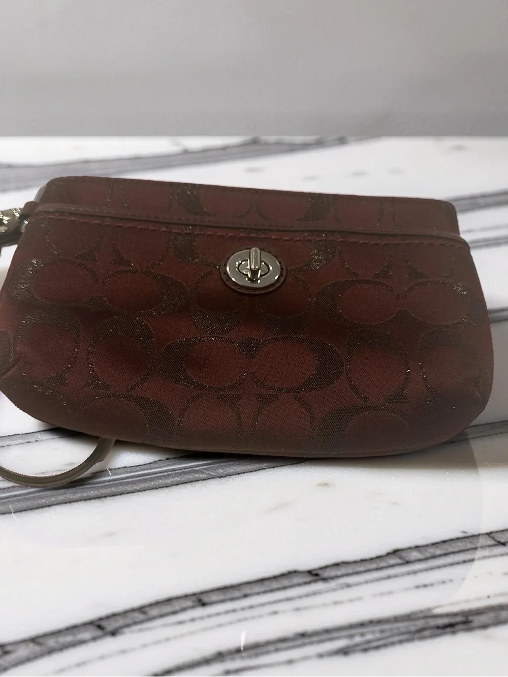 Coach Burgundy Metallic Sateen Turnlock Wristlet/Clutch Shimmer Jacquard Fabric