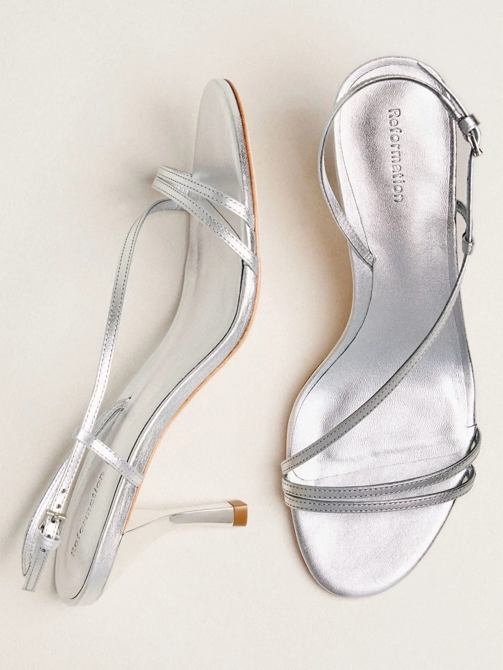 Reformation Petunia Silver Metallic Strappy Mid-Heel Sandals