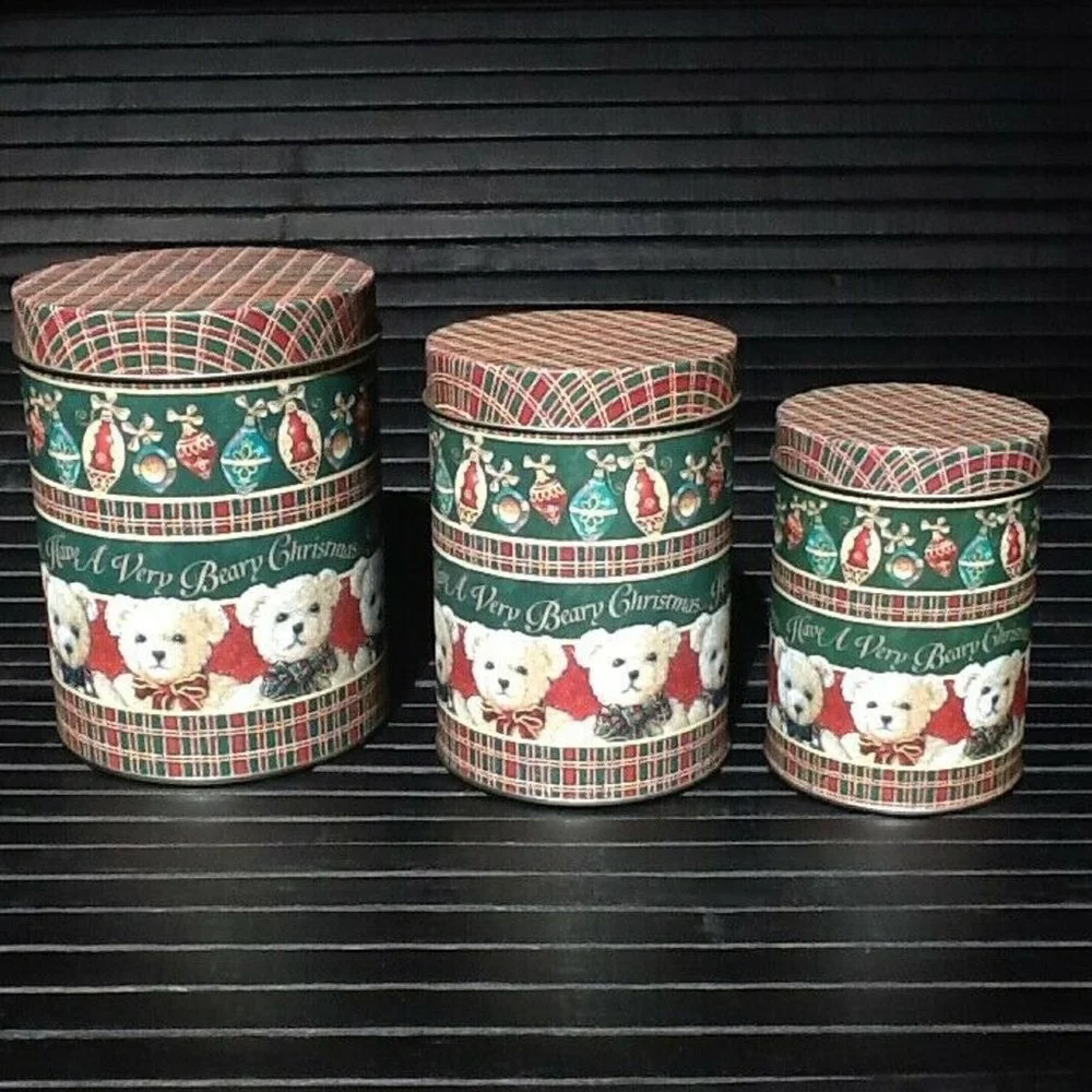 3 brand new Beary Merry Christmas-themed Metal Canisters featuring little bears