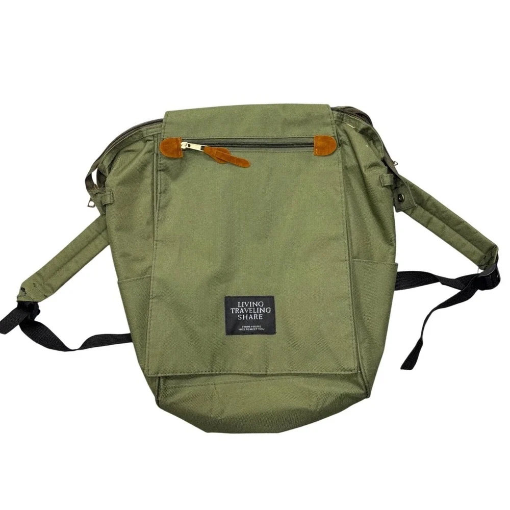 Living Traveling‎ Share Green Canvas Backpack Bag Fold Over Top Zip Pockets