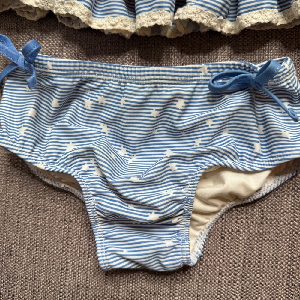 SweetHoney Girls Blue Red Striped Polka Dot Ruffle Two Piece Swimsuit Size 6Y
