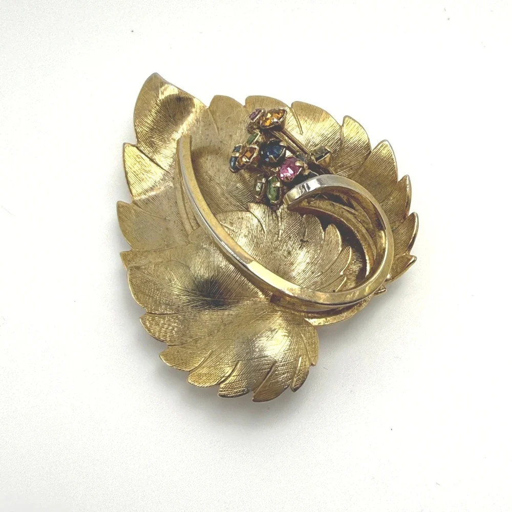 Coro‎ Leaf Brooch Women OS Gold Vintage 50s 60s Rhinestone Botanical Pin