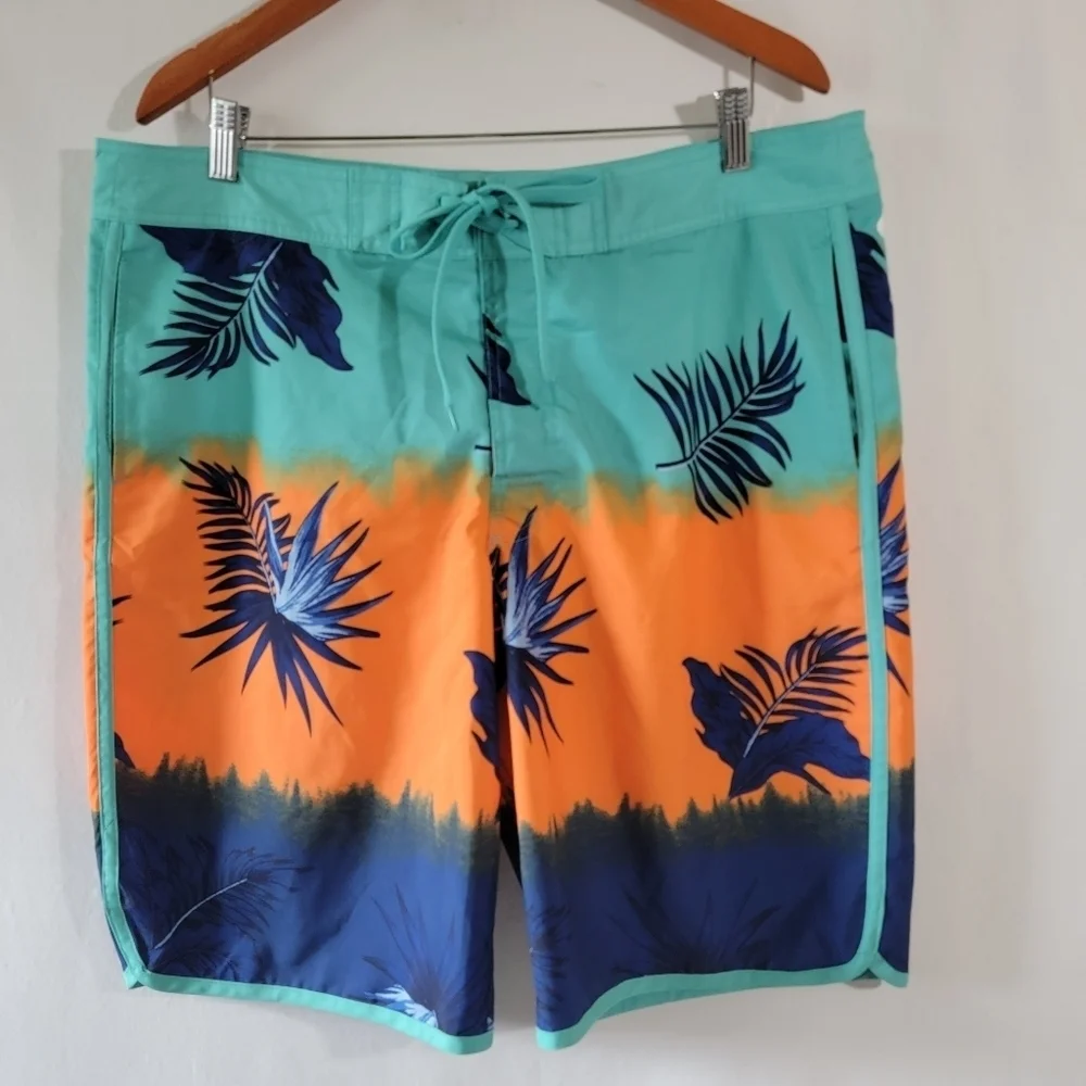 O'RAGEOROUS Mens Swim Trunk Size L Blue/Orange/Navy Hawaiian Tropical Drawstring