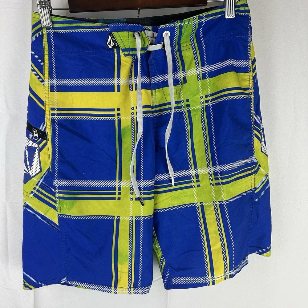 Volcom 4 Way Swim Trunks Men‎ Board Shorts Surf Skater Blue Green Pattern 28