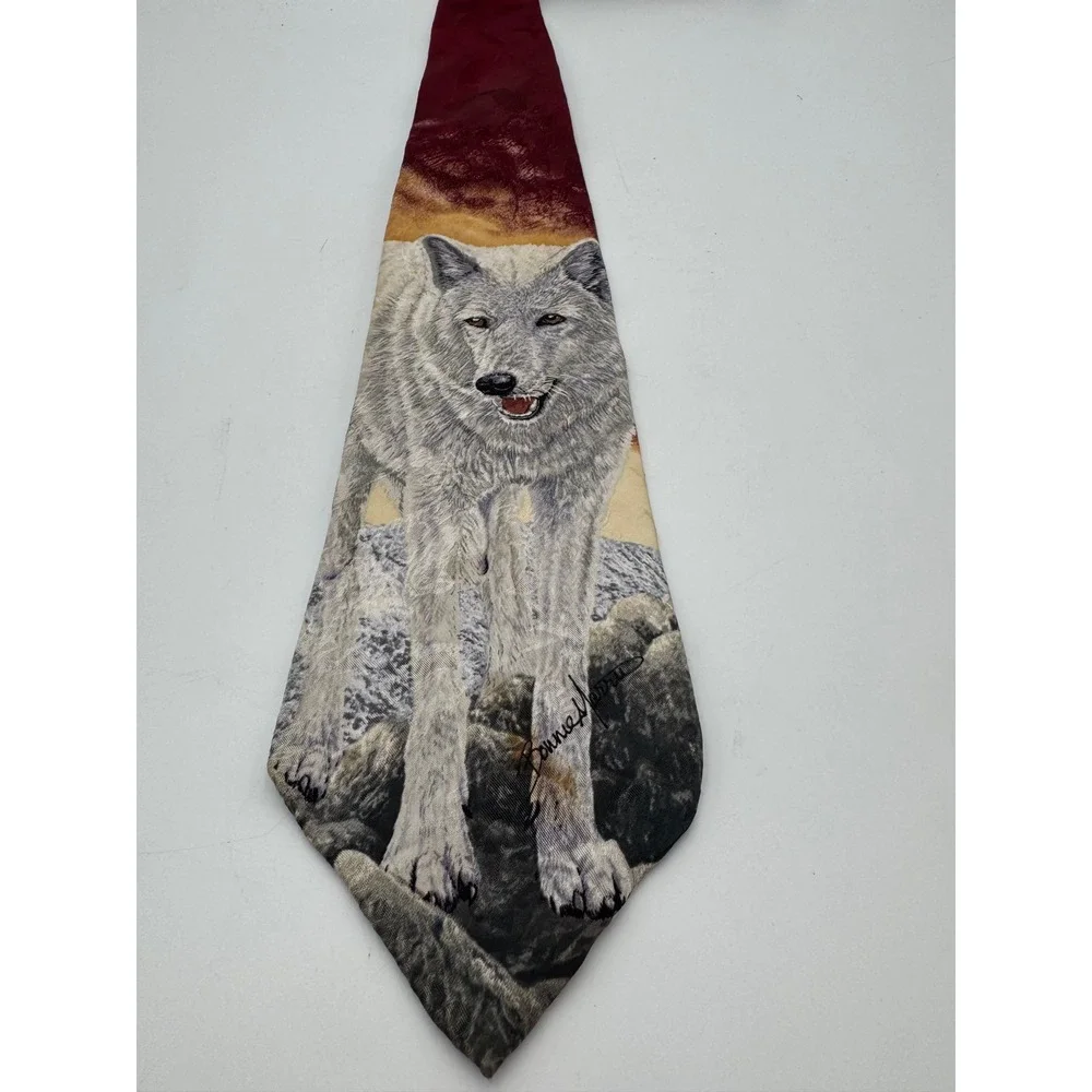 Endangered Species Arctic Wolf Silk Tie Bonnie Marris Vintage 1996 Burgundy Gray