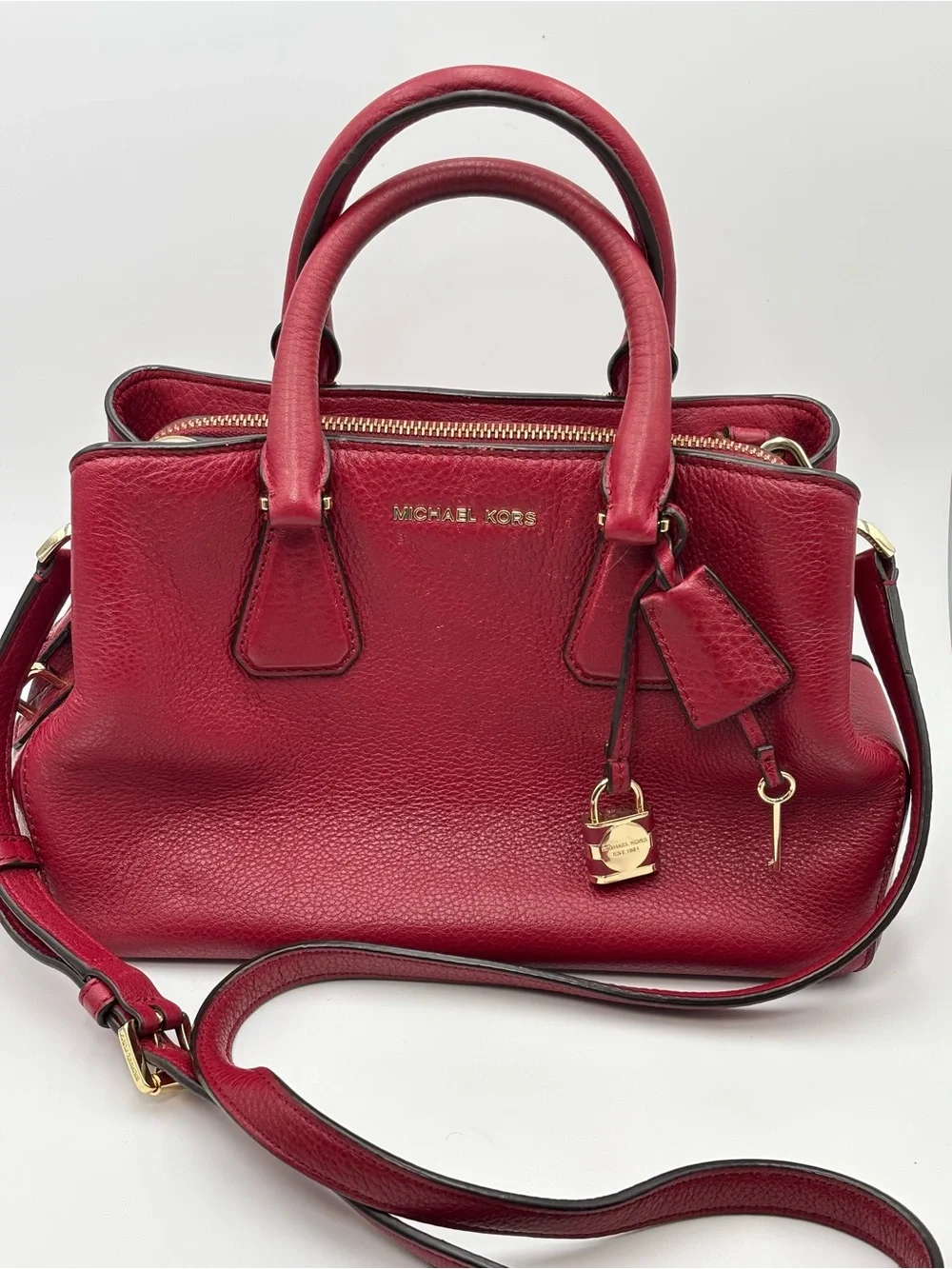Michael Kors Leather Camille Satchel Cherry Red  with gold‎ hardware