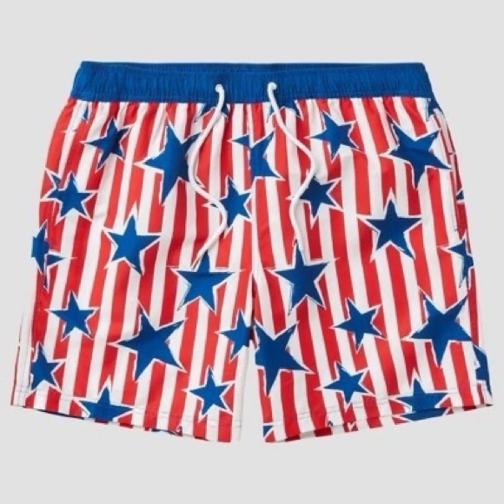 Mad Engine Mens Star Print Striped Americana 4th Of July Swim Trunks‎ XL New